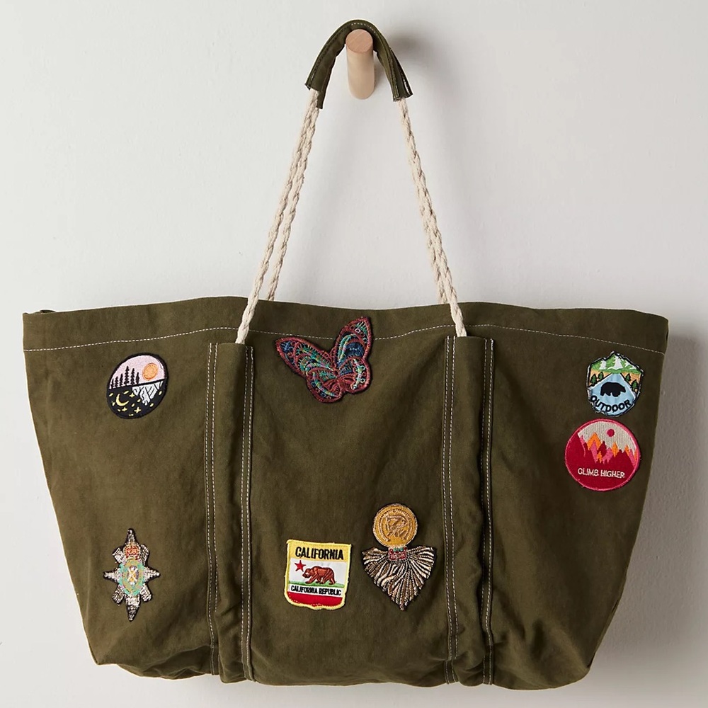 Free People Olive Green Embellished Patch Tote